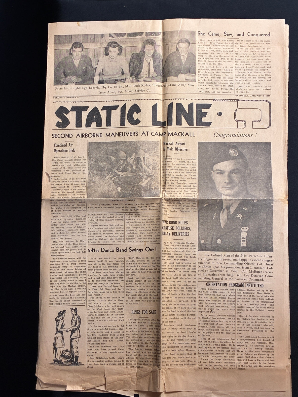WW2 US Airborne Static Line Newspaper - 1944