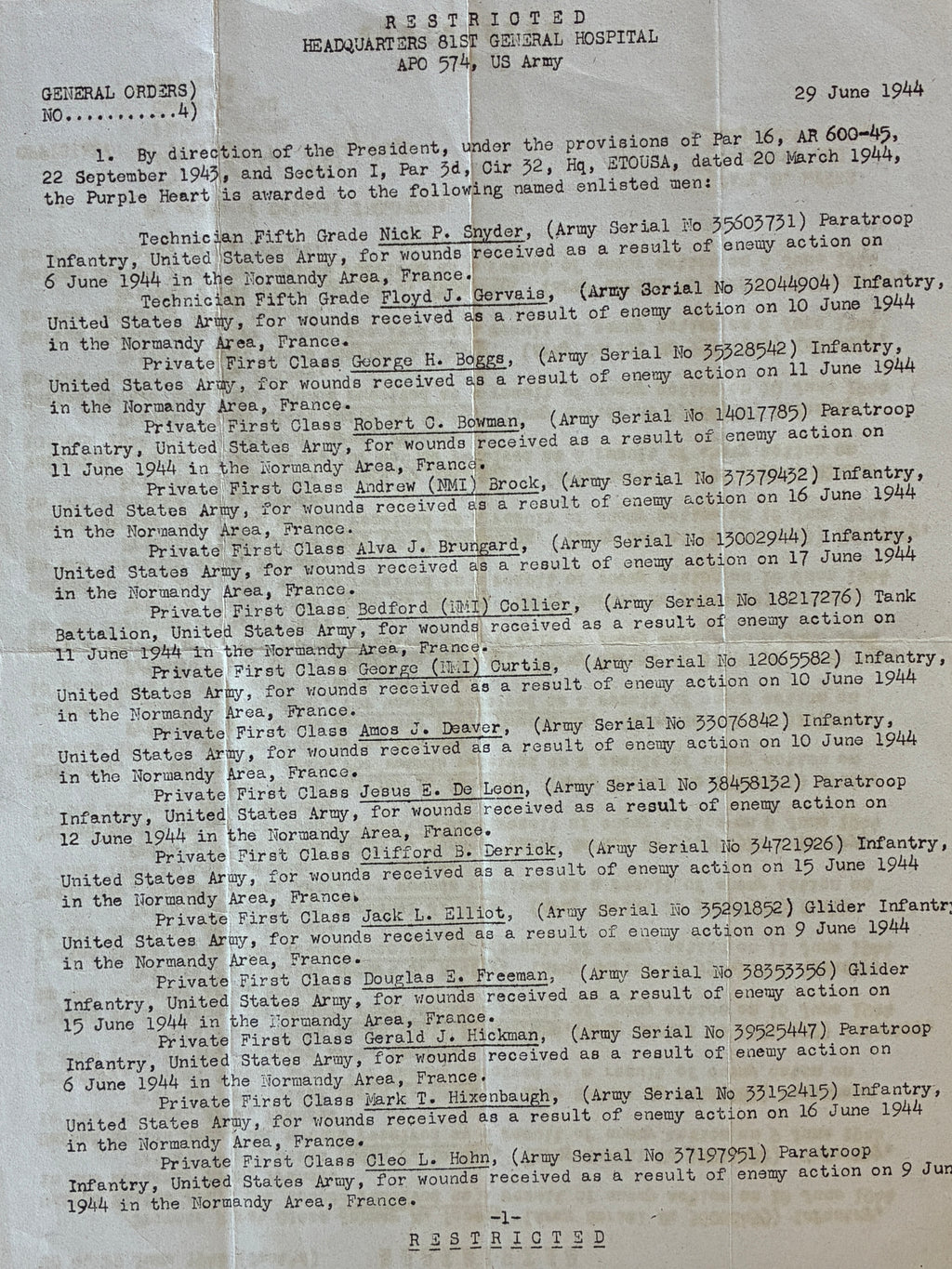 WW2 US 82nd Airborne- 325th Glider - D-Day - Named Grouping