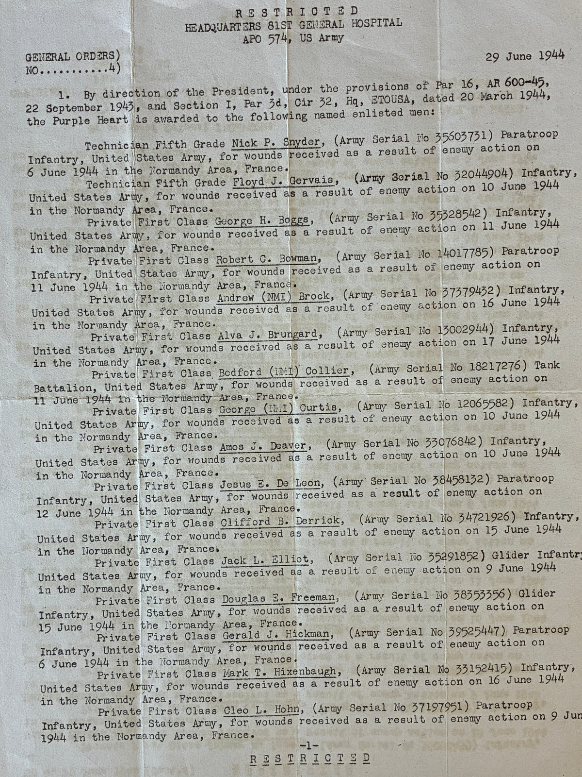 WW2 US 82nd Airborne- 325th Glider - D-Day - Named Grouping