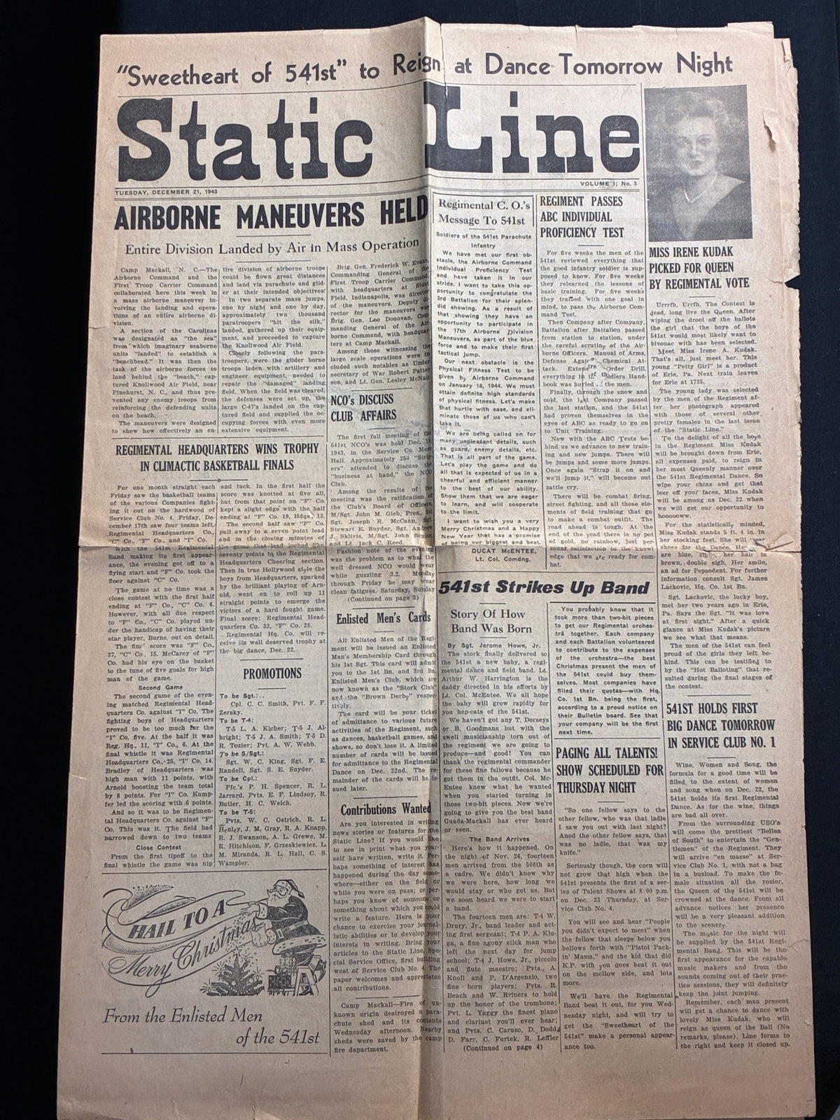 WW2 US Airborne Static Line Newspaper - 1943