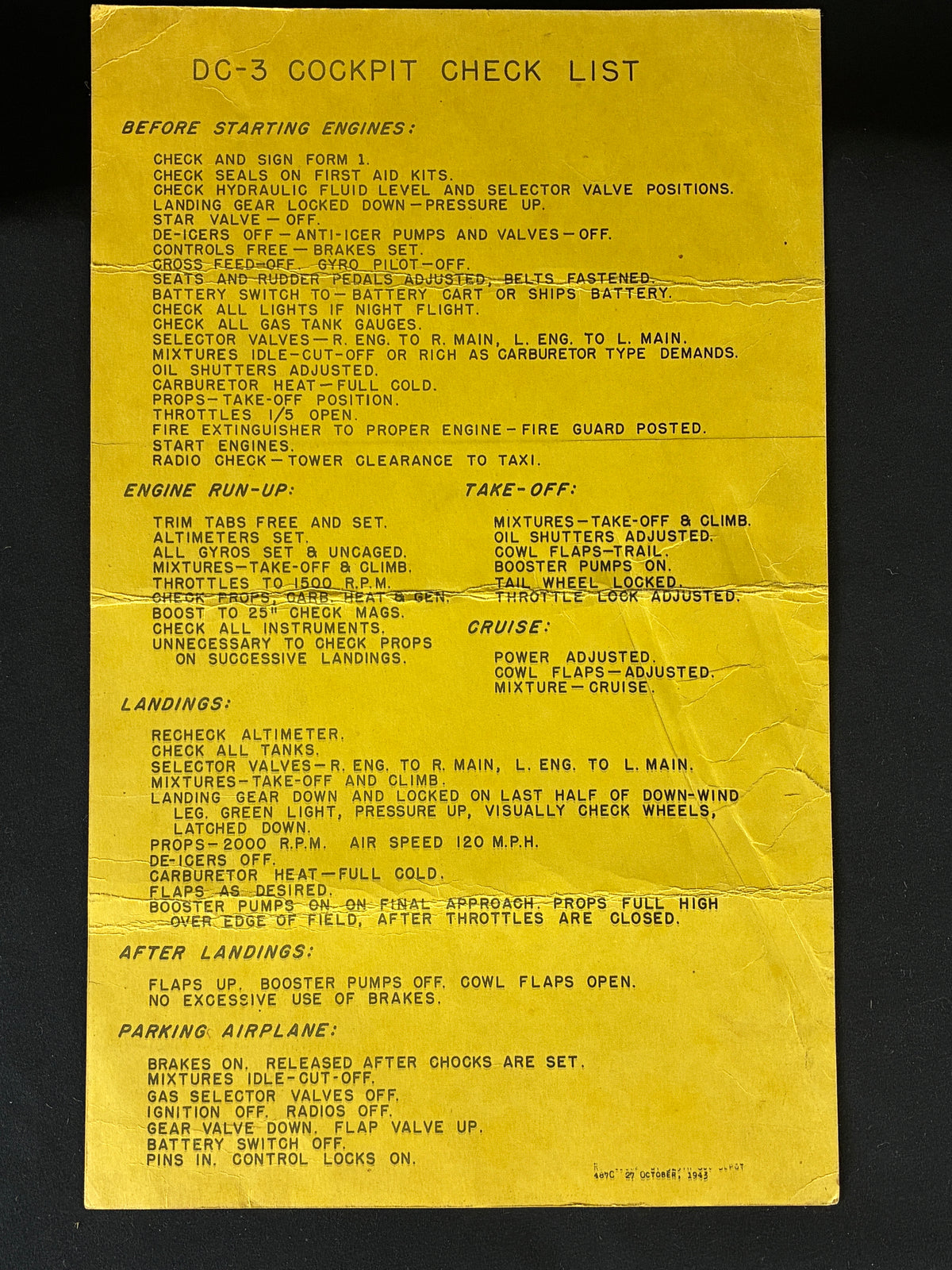 WW2 US DC-3 Cockpit Checklist - 1943
