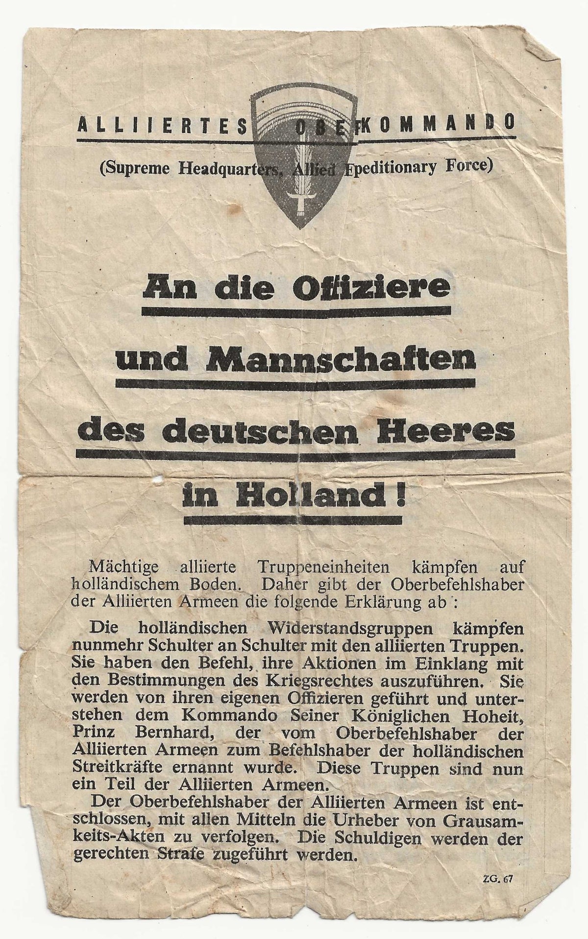 WW2 SHAEF Drop Leaflet